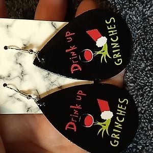Faux Leather Grinch Christmas Earrings 1.5 x 2.5 Black, Red, Green & White